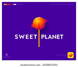 Sweet  Planet logo. Lollipops emblem like Planet  with ring on stick. Identity, app icon.