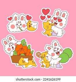 sweet playful friend bunny and kitten sticker set doodle illustration digital element