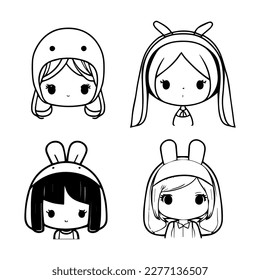 Sweet and playful Hand drawn collection set of cute girls wearing rabbit hats, evoking a sense of whimsy and charm