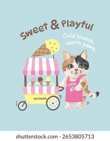 slogan doce e brincalhão com gatinho sorvete vendedor desenho animado vetor ilustração