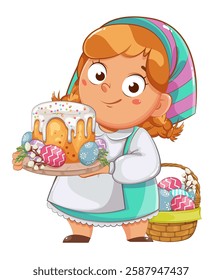 A sweet plump girl holds an Easter cake with colored eggs. Happy Easter. 