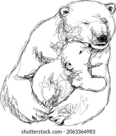 Sweet polar bear mom with baby, bear cub with mother bear, hand drawing sketch illustration vector, isolated on white background