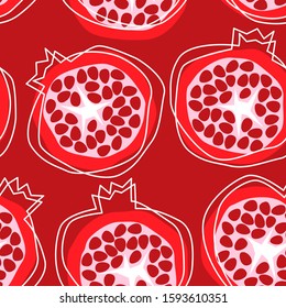 Sweet pomegranate seamless pattern. A half of red fruit with small seeds. Tangle lines shapes and abstract vector design.