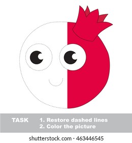 Sweet pomegranate in vector to be traced. Restore dashed line and color the picture. Visual game for children. Easy educational kid gaming. Simple level of difficulty. Worksheet for kids education.