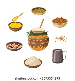 Sweet pongal recipe ingredients. Milk, rice, ghee, cardamom, jaggery, dal, raisins, cashew nuts,.