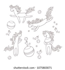 Sweet pony and little mouse are playing with toy balls and have a fun. Hand drawn set of cute characters and elements for kids.  