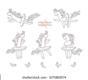 Sweet pony and mouse are playing. Little horse girl and mouse wearing a tutu dress are in different positions. Hand drawn set of cute characters for kids.  