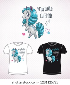 Sweet pony princess.  Little cute cartoon horse label on the black and white background. Vector girlish print for t shirt design.