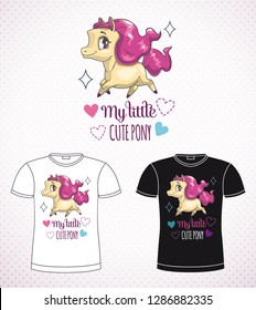 Sweet pony princess.  Little cute cartoon horse label on the black and white background. Vector girlish print for t shirt design.
