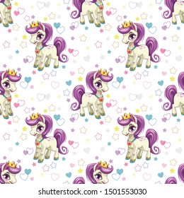 Sweet pony print. Seamless pattern with cute cartoon little horse princess, hearts and stars on white background. Vector girlish texture.