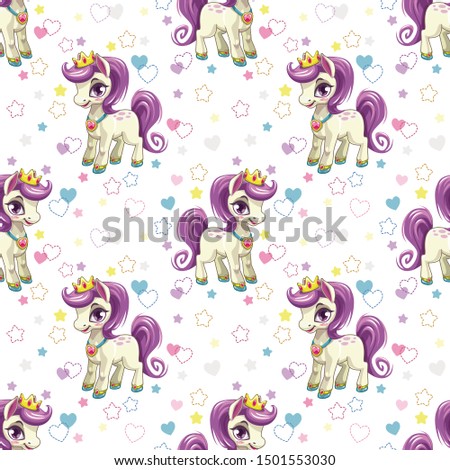 Sweet pony print. Seamless pattern with cute cartoon little horse princess, hearts and stars on white background. Vector girlish texture.
