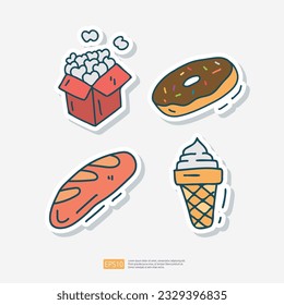 sweet popcorn, doughnut bakery, baguette bread bakery, ice cream doodle icon. Fast food Cute doodle. Cuisine and drink Sticker Set Vector Illustration