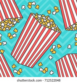 Sweet popcorn, hand drawn overlapping background. Colorful wallpaper vector. Seamless pattern with food. Decorative illustration, good for printing