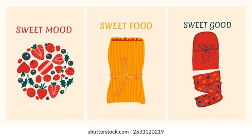 Sweet posters. Vertical cards with pastries and berries. Food set. Vector illustration. 