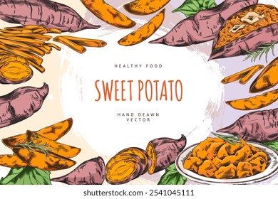 Batata doce. Batata. Inhame. Comida saudável. Banner horizontal com texto. Batatas cozidas, fatiadas e trituradas. Ingredientes para cozinhar. Estilo do esboço. Mão desenhada. Ilustração vetorial.