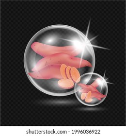 Sweet Potato in bubbles realistic with 3D vector illustration. On a translucent background. Design for culinary products drinks and fruit, medical facial Serum. Web site decoration.