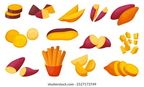 Charge de batata doce. Batata crua cortada e fatias, batatas fritas varas. Alimentos veganos frescos, agricultura colheita mercado legumes vetor neoteric elementos