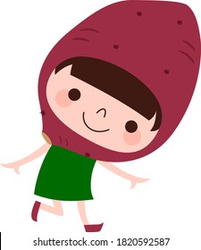 Sweet potato character. An illustration of a child dancing happily with vegetable sweet potato headgear.