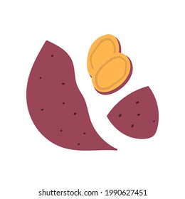 Dulce juego de mano plana de papa. Yam rebanada, la mitad de batat. Alimentos orgánicos de cosecha otoñal.