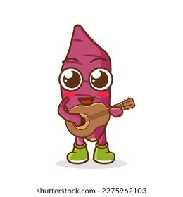 sweet potato fruit character mascot playing guitar isolated cartoon in flat style design.