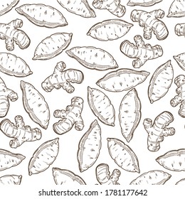 Sweet potato and ginger, organic veggies and spices seamless pattern. Turnip natural ingredient for dishes. Culinary recipes and healthy dishes. Monochrome sketch outline, vector in flat style