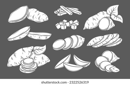 Iconos de glifos de papa dulce establecen la ilustración vectorial. Sellos blancos de la colección de tubérculos de patata enteras y en rodajas aislados sobre la raíz de yam fresca negra y natural cortada en rodajas y cubos, medio y cubos