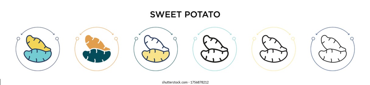 Sweet potato icon in filled, thin line, outline and stroke style. Vector illustration of two colored and black sweet potato vector icons designs can be used for mobile, ui, web