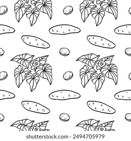 Sweet potato plant hand drawn seamless pattern. Repeating vector background with tuber, yam, leaf, flower. Black and white Line art food graphic. Design elements for textile, label, card, paper, menu