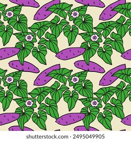 Sweet potato plant hand drawn seamless pattern. Repeating vector background with tuber, yam, leaf, flower. Colored food graphic. Design elements for textile, label, card, paper, menu, card, paper