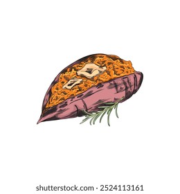 Prato de purê de batata doce com esboço de cor de vetor de alecrim. Ilustração desenhada à mão do menu de inhame maduro laranja. Culinária de batatas de legumes. Planta agrícola, alimento orgânico saudável natural