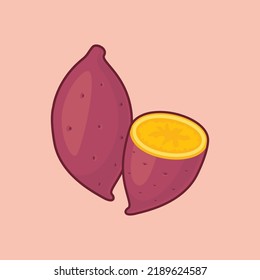 Sweet potato, purple whole tuber and half icon vector illustration. Vector illustration icon isolated flat cartoon style.