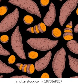 Patrón sin costuras de batata dulce. Ilustración vectorial dibujada a mano por Batatas. Alimentos en el mercado agrícola. Patatas crudas con mano. Diseño de empaque.