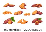 Sweet potato set vector illustration. Cartoon isolated orange organic vegetable with purple peel, whole potato tuber and green leaf, fresh peeled and chopped cubes and sticks, raw batat slices