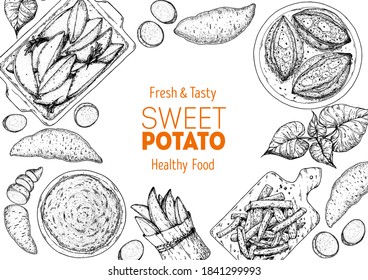 Sweet Potato Sketch Illustration. Batatas Hand Drawn Vector Illustration. Farm Market Food. Raw And Cooked Sweet Potatoes Hand Drawn. Packaging Design.