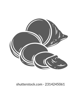 Sweet potato slices and half glyph icon vector illustration. Stamp of rustic whole fresh batatas cut into pile of unpeeled circles, sliced vegetable of farm autumn harvest, potato root for cooking