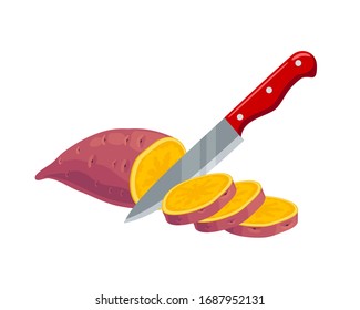 Sweet potato, slicing purple tuber by knife. Vector illustration cartoon flat icon isolated on pink.