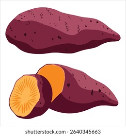 Sweet potato and smoked yam vector, whole and halved. Perfect for culinary designs, menus, and kitchen decor.