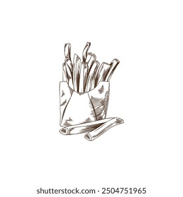 Sweet potato sticks pile in package vector engraved sketch. Hand drawn chopped ripe yam, farm vegetable batatas snack product in paper bag. Tuber plant, natural healthy organic food ink style