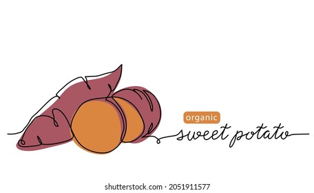 Sweet potato tuber vector illustration. One line art drawing with lettering organic sweet potato.