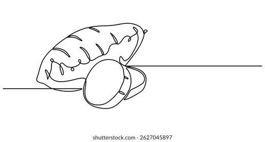 Sweet potato tuber vector illustration. One line art drawing with lettering organic sweet potato, Single continuous line drawing whole healthy organic sweet potato for orchard logo identity. Fresh pro