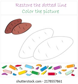 Sweet potato. Vegetables. Educational developing game for preschoolers "Trace and color". Vector illustration for children, eps