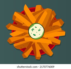 Sweet potato yam wedge fries plate with sauce dip high angle view background food illustration 