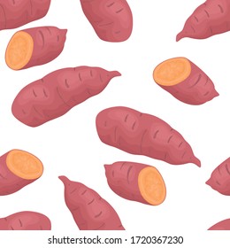 Sweet potatoes seamless pattern. Vegetables background. Organic healthy food. Vector illustration in cartoon flat style.