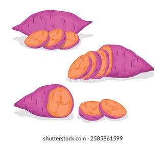 Sweet potatoes set with sliced yam or batata. Natural and healthy vegetable food