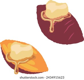 Dulces con mantequilla derretida y batatas cortadas con mantequilla también