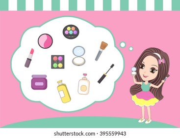sweet and pretty girl thinking about cosmetics and beauty products