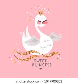 Sweet princess swan on pink background. Cartoon hand drawn vector illustration. Can be used for fashion print design, greeting and invitation card.