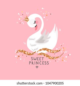 Sweet princess swan on pink background. Cartoon hand drawn vector illustration. Can be used for fashion print design, greeting and invitation card.