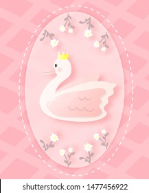 Sweet princess swan on pink background and flowers. Cartoon hand drawn vector illustration. Can be used for fashion print design, greeting and invitation card. 