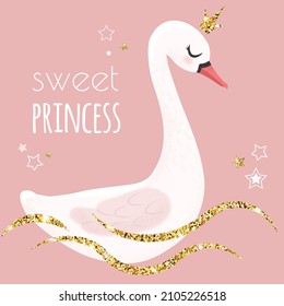 	
Sweet princess swan with stars on pink background. Cartoon hand drawn vector illustration. Can be used for fashion print design, for baby shower invitation, poster.